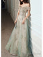 A Line Prom Gowns Elegant Dresses Wedding Guest Engagement Floor Length Short Sleeve Off Shoulder Tulle With Sequin