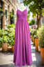 A Line Floor Length V Neck Spaghetti Straps Pleating Long Chiffon Lace Bridesmaid Dresses
