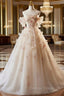 A Line Floral Champagne Tulle Long Prom Dress, Elegant A Line Prom Dresses