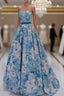 A-Line Flower Satin Blue Long Prom Dresses, Blue Long Formal Dresses