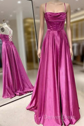 A-Line Fuchsia Prom Dresses Ruched Long Evening Dresses Spaghetti Straps