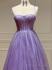 A Line Glitter Tulle Prom Dresses with Pockets