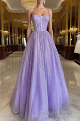 A Line Glitter Tulle Prom Dresses with Pockets