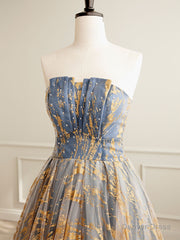 A-Line Gold/Blue Lace Short Prom Dress, Cute Homecoming Dress with Beading