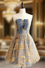 A-Line Gold/Blue Lace Short Prom Dresses, Cute Homecoming Dresses with Beading