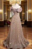 A Line Gold Sequins Spaghetti Straps Bow Prom Dresses