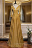 A-Line Gold V-neck Long Sleeve Prom Dresses