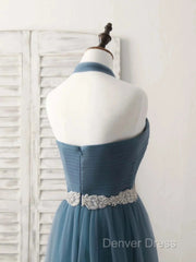 A-Line Gray Blue Tulle Long Bridesmaid Dresses Floor-Length Beading Prom Dresses Elegant