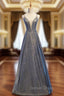 A-Line Gray Deep V-neck Sleeveless Long Prom Dresses