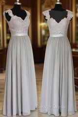 A-Line Gray Long Prom Dresses, Gray Lace Bridesmaid Dresses