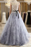 A Line Gray Rround Neck Tulle Long Prom Dress Grey Prom Dresses