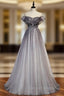 A-Line Gray Tulle Beading Cap Sleeve Prom Dresses