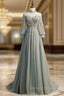 A-Line Gray Tulle Long Sleeve High Neck Backless Beading Prom Dresses