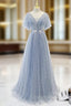 A-Line Gray Tulle Pearls V-neck Prom Dresses