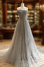 A Line Gray Tulle Sequin Long Prom Dress, Gray Long Prom Dresses