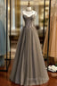 A Line Gray Tulle Spagehtti Straps Beading Prom Dresses
