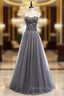 A Line Gray Tulle Spagehtti Straps Sequins Prom Dresses