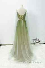 A-Line Green Gradient Tulle Long Sleeves Party Dresses, V-Neckline Green Formal Dresses Prom Dresses