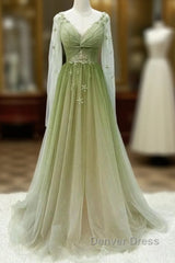 A-Line Green Gradient Tulle Long Sleeves Party Dresses, V-Neckline Green Formal Dresses Prom Dresses