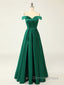 A-Line Green Off Shoulder Long Prom Dresses, Green Formal Evening Dresses