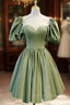A-Line Green Puffy Sleeve Satin Short Prom Dresses, Green Short Formal Dresses