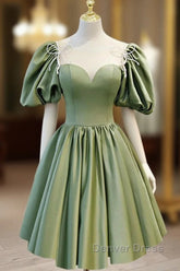 A Line Green Puffy Sleeve Satin Short Prom Dresses Homecoming Dresses