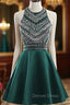 A Line Green Satin Crystal Short Homecoming Dresses