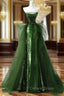 A Line Green Sequins And Tulle Long Prom Dress, Green Prom Dress