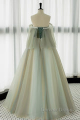 A-Line Green Tulle Lace Long Prom Dresses, Green Tulle Lace Long Formal Dresses