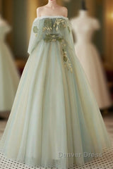 A-Line Green Tulle Lace Long Prom Dresses, Green Tulle Lace Long Formal Dresses
