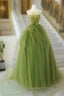 A Line Green Tulle Long Prom Dress, Green Tulle Long Prom Dresses