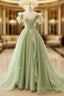 A-Line Green Tulle Long Prom Dresses, Green Tulle Long Formal Dresses