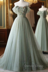 A-Line Green Tulle Long Prom Dresses, Green Formal Evening Dresses