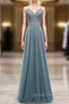 A Line Green Tulle Spaghetti Straps Beading Prom Dresses