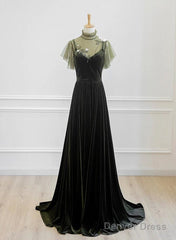 A-Line Green Velvet Long Wedding Party Dress, High Neckline Prom Dress Evening Dress