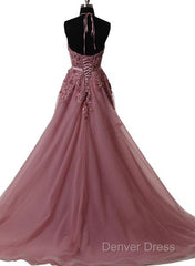 A Line Halter Neck Lace Prom Dresses With Sweep Train, Backless Formal Dresses, Evening Dresses