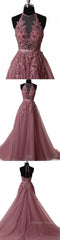 A Line Halter Neck Lace Prom Dresses With Sweep Train, Backless Formal Dresses, Evening Dresses