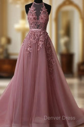 A Line Halter Neck Lace Prom Dresses With Sweep Train, Backless Formal Dresses, Evening Dresses