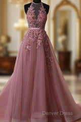 A Line Halter Neck Lace Prom Dresses With Sweep Train, Backless Formal Dresses, Evening Dresses