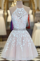 A Line Halter Neck Short Champagne Lace Prom Dresses, Short Champagne Lace Formal Homecoming Dresses