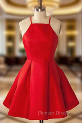 A-Line Halter Sleeveless Short Red Satin Homecoming Dresses