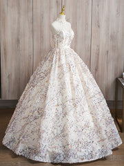 A-Line High Neck Lace Champagne Long Prom Dress, Champagne Long Formal Dress