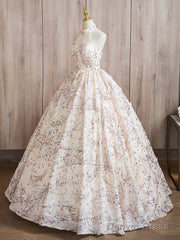 A-Line High Neck Lace Champagne Long Prom Dress, Champagne Long Formal Dress