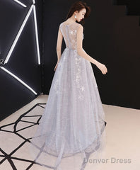 A Line Hight Low Lace Prom Dresses, Gray Tulle Homecoming Dresses