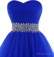 A Line Homecoming Dresses,Sweetheart Short Tulle Beaded Waist Royal Blue Cocktail Dress