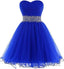 A Line Homecoming Dress,Sweetheart Short Tulle Beaded Waist Royal Blue Cocktail Dresses