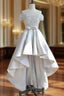 A Line Illusion Neck Short Sleeve Satin Asymmetrical Homecoming Dresses With Appliqued Waistband