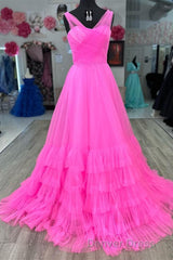 A line Illusion V Neck Layers Tulle Prom Dresses