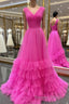 A line Illusion V Neck Layers Tulle Prom Dresses