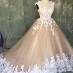 A Line Ivory Lace Cap Sleeves Tulle Champagne Wedding Dresses